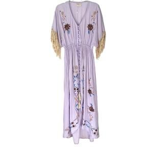 Fillyboo Lavender Embroidered Boho Fringe Maxi Dress size large